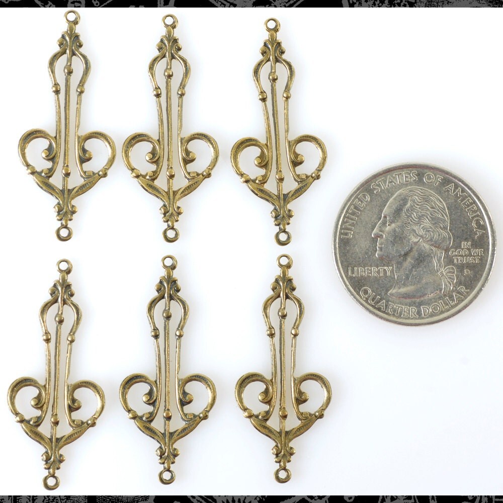 Antiqued Brass Art Deco Heart Harp Connectors - Set of Six - XXX - AB-2C39