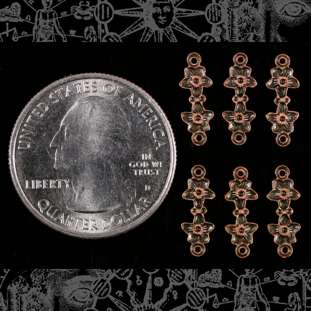 Antiqued Copper Plated Brass Delicate Floral Two Ring Connectors - Set of Twelve - C-2C44