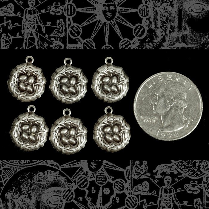 Antiqued Silver Plated Brass Bird&#x27;s Nest Charms - Set of Six - XXX - S-C50