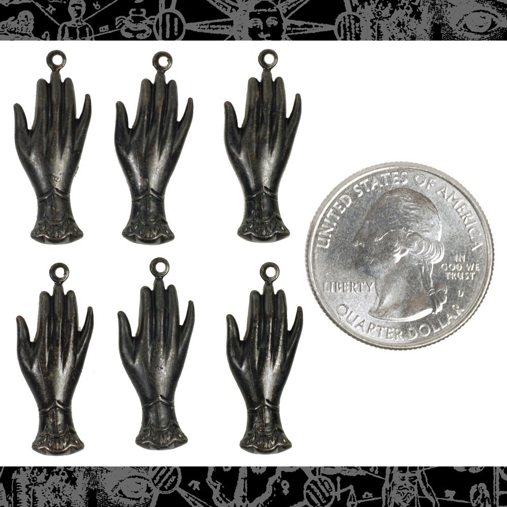 Black Plated Brass Hand Charms with Ring on Fingertips - Set of Six - BB-C158