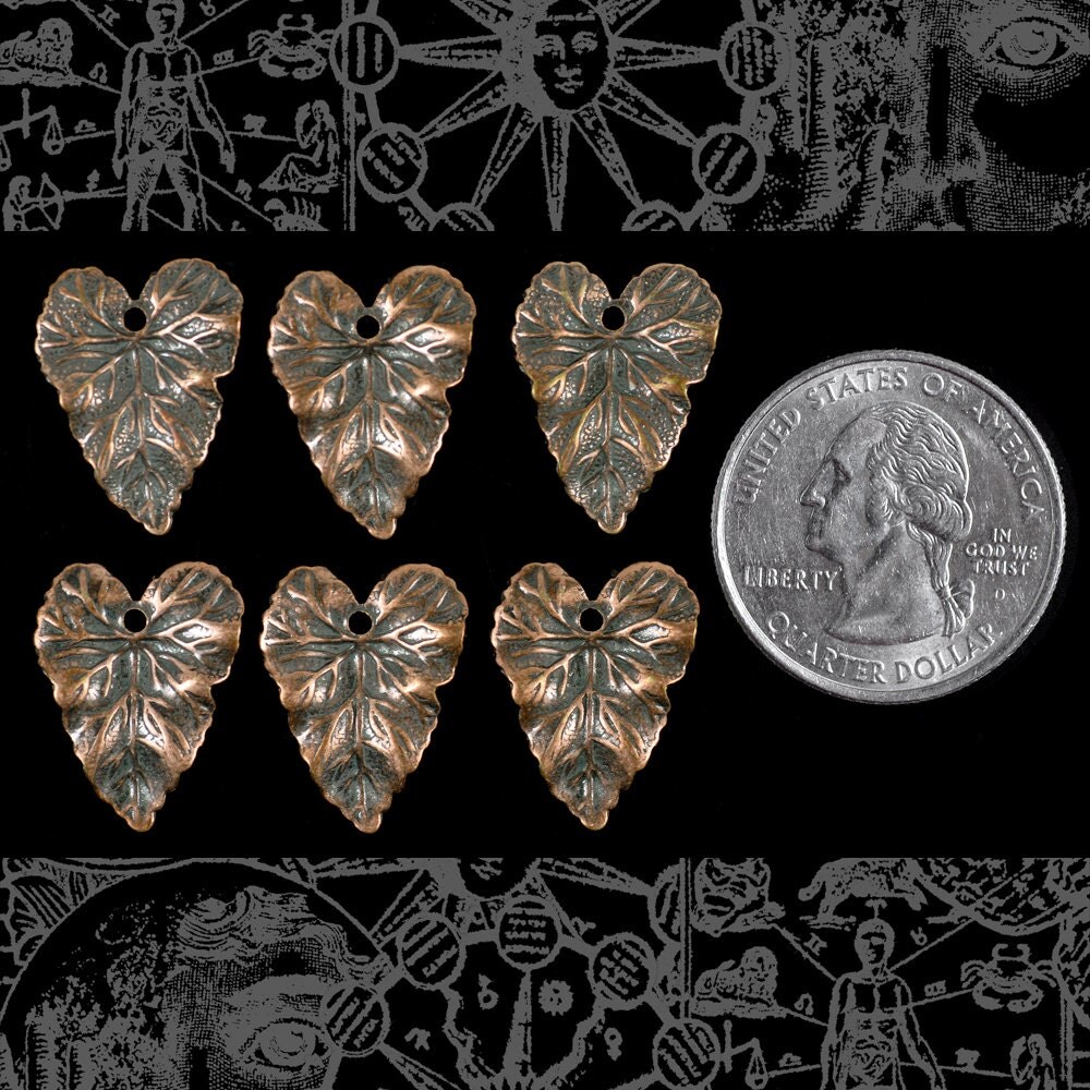 Antiqued Copper Plated Brass Heart Shaped Leaf Charms - Set of Six - C-C49