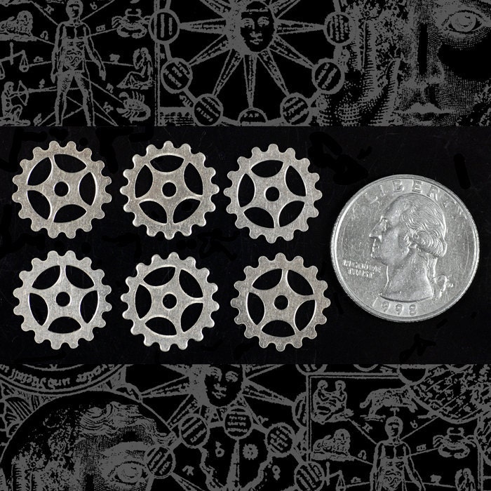 Nickel Silver Steampunk Open Spoke Faux Gears Wheels Charms 16mm - Set of Six - S-G07