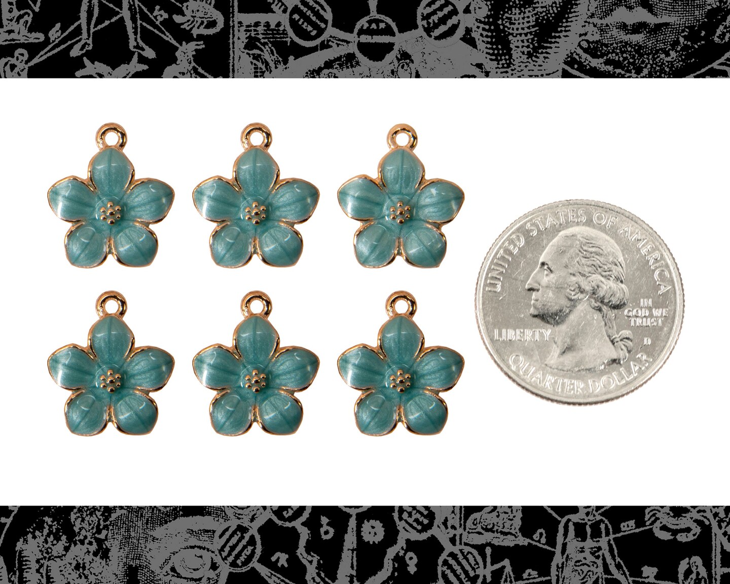 Gold Finish and Blue Enamel Flower Charms - Set of Six - XXX - ZG-C56
