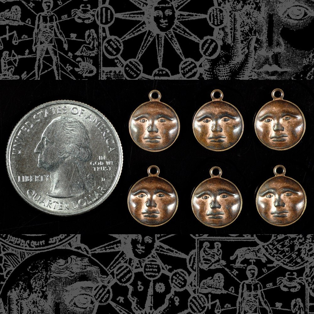 Antiqued Copper Plated Brass Moon face Charms - Set of Six - C-C109