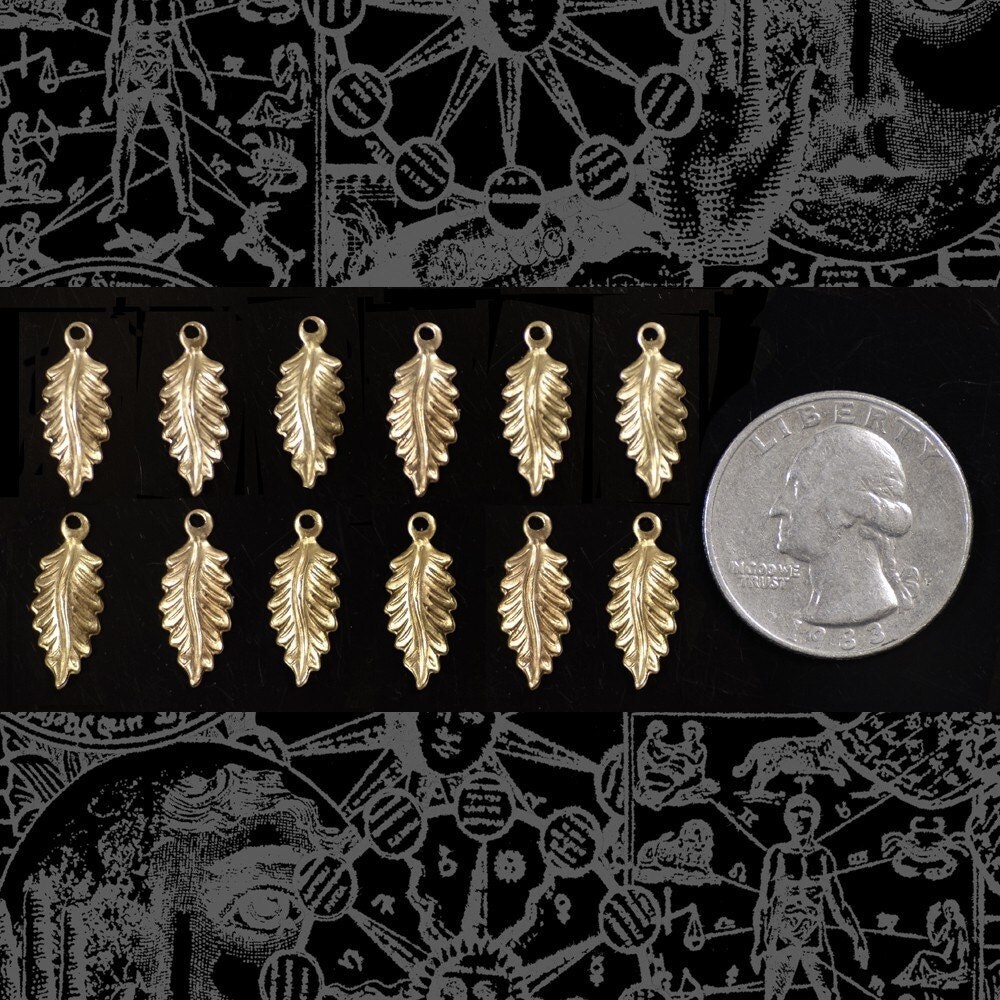 Raw Brass Little Pointed Feather Leaves Charms - Set of 12 - XXX - B-C25