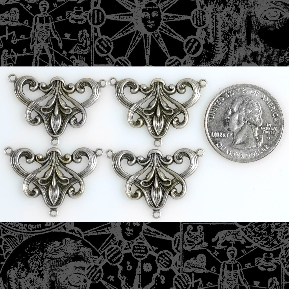 Antiqued Silver Plated Brass Lily 3x Connectors - Set of Four - XXX - S-3C10