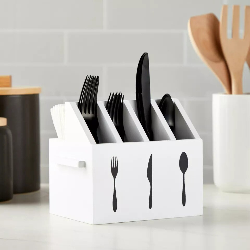 Wooden Utensil Holder for Countertop (7 x 5.25 x 6.5 Inches, White)