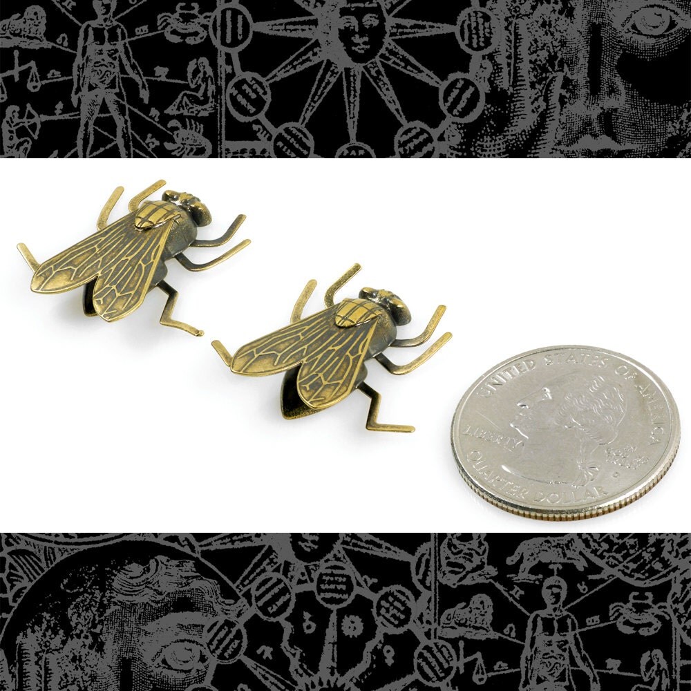 Antiqued Brass Life-Sized Fly Charms with Bendable Legs - Set of Two - XXX - AB-C130
