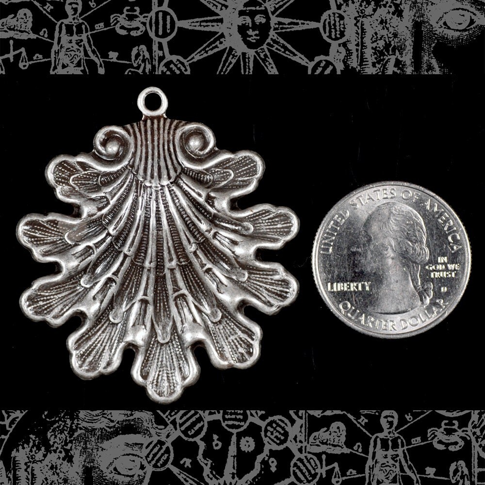 Antiqued Silver Plated Brass Large Are Deco Shell Pendant - S-P60