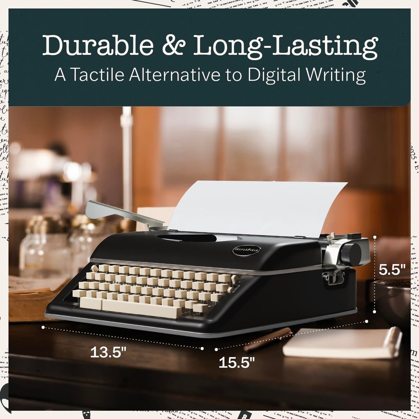 Maplefield Manual Typewriter - Vintage Typewriter for Home &#x26; Office Decor - Easy Setup, Great Gift for Writers (Black)