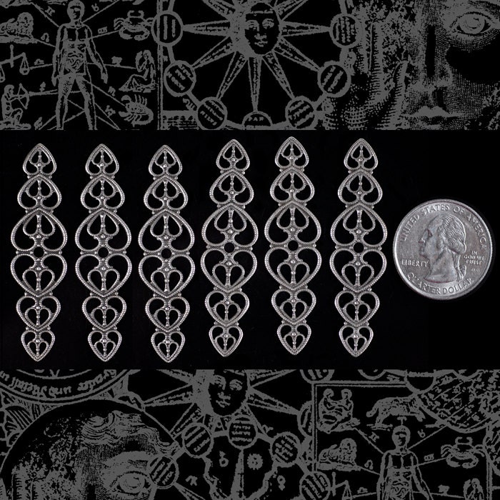 Antiqued Silver Plated Brass Cut Out Heart Ring Blank Wraps Pendants Charms - Set of Six - S-W22