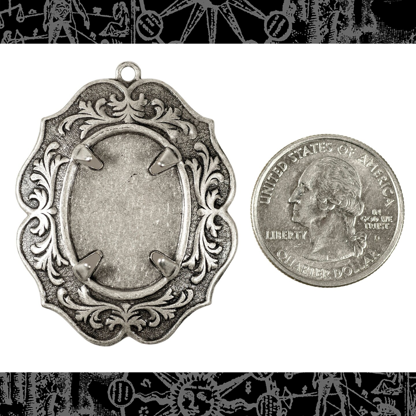 Vintage Heavy Baroque Antiqued Silver Plated Brass 25mm x 18mm Frame with Prongs - One - S-F26