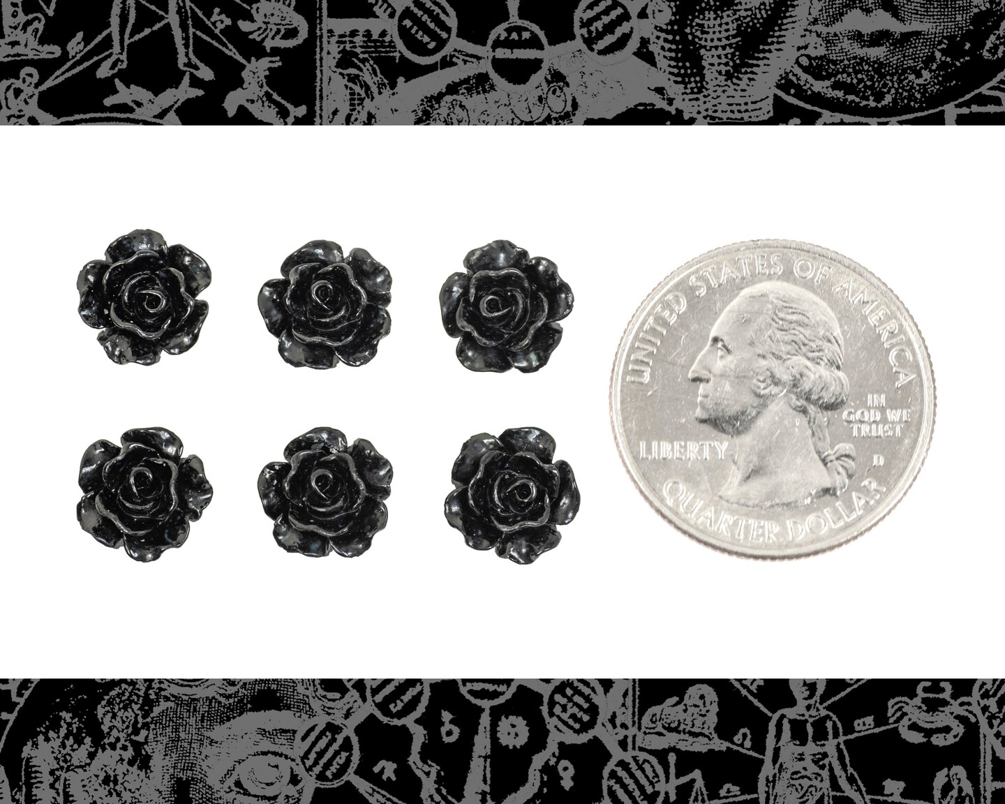 Black Miniature Full Blooming Rose Cameo Cabochons 9mm - Set of Six - Flwr117