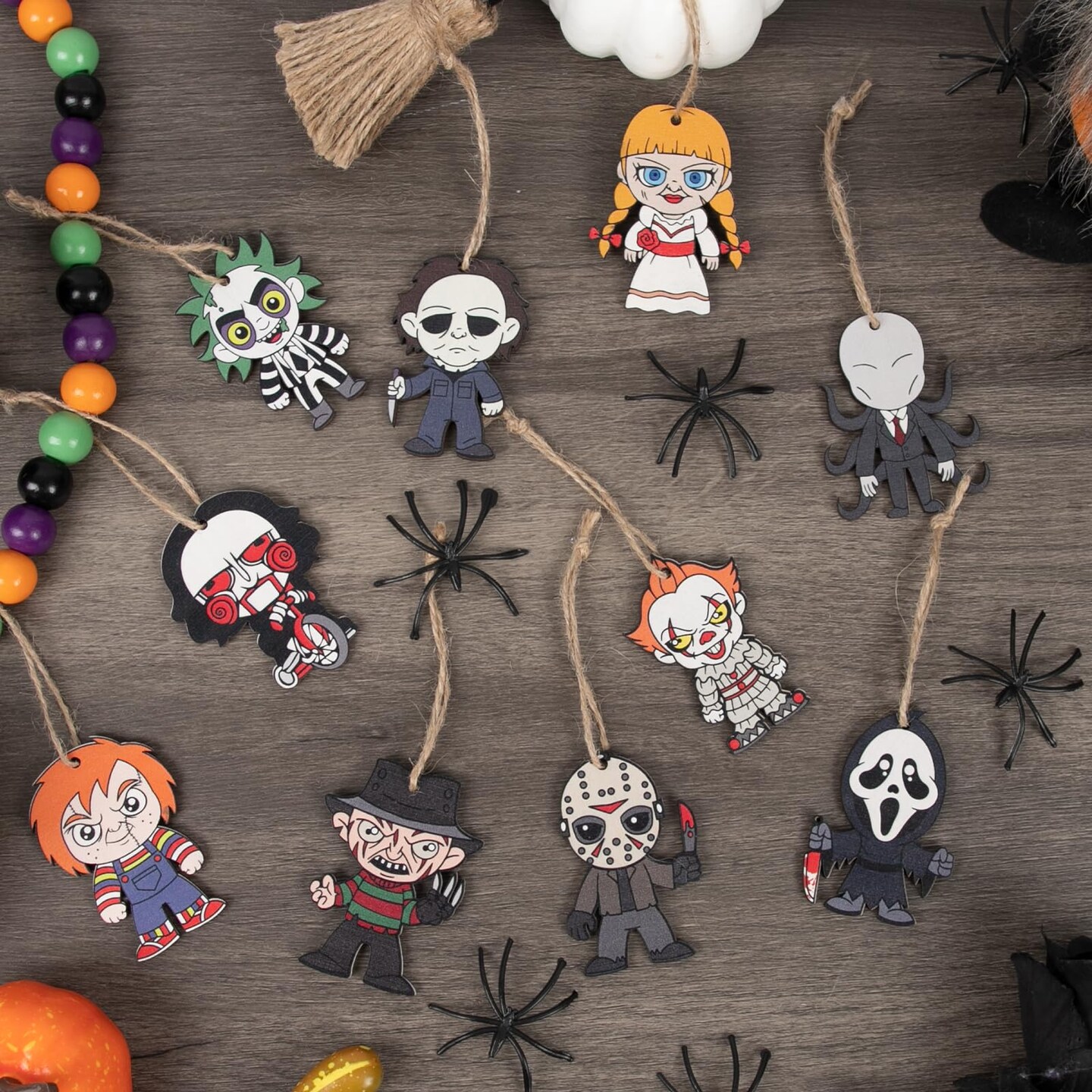 10 Pieces  Halloween Ornaments for Tree - Wooden Hanging Horror Movie Characters for Halloween Trees - Scary Halloween Party Decorations