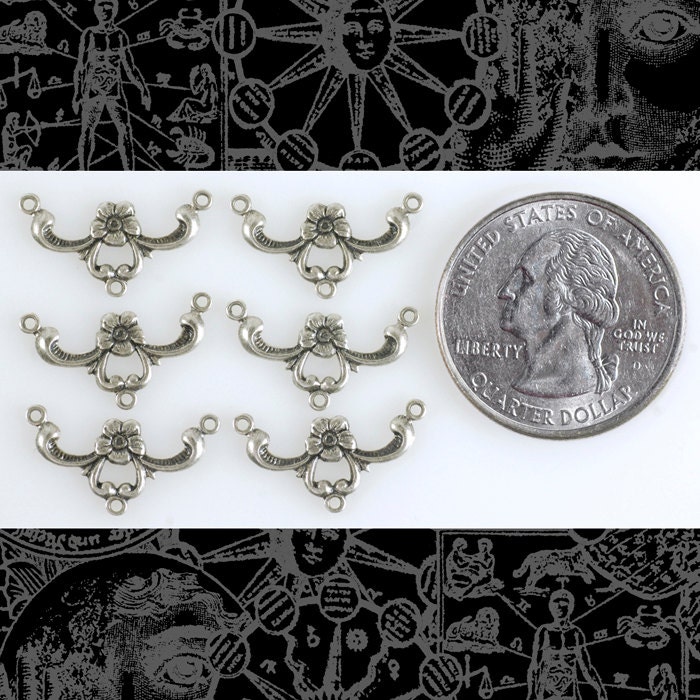Antiqued Silver Plated Brass Swirled Floral Three Ring Connectors - Set of Six - S-3C27