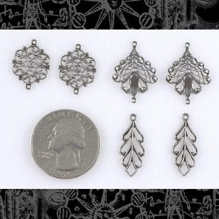 Antiqued Silver Plated Brass Connectors Set of Six Different - Star - Floral - Filigree - Fleur de Lis - XXX - S-2CSet02