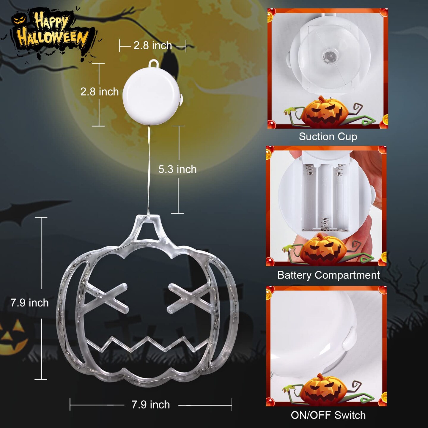 3 Pieces Halloween Decorations Orange Pumpkin, White Ghost, Purple Bat Halloween Window Lights with Suction Cup, Battery Operated Halloween Lights, Upgrade Slow Fade Mode and Timer Function