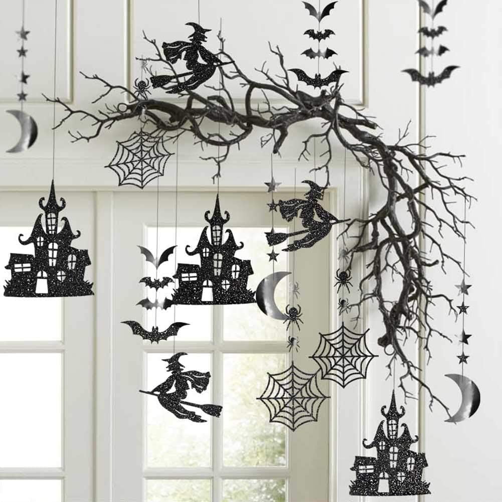 Halloween Witch Garland for Haunted House Decoration Black Glitter Gothic Sticker Decals Star Moon Hanging Streamers Backdrop for Halloween Party Birthday Baby Shower Office Classroom Decor