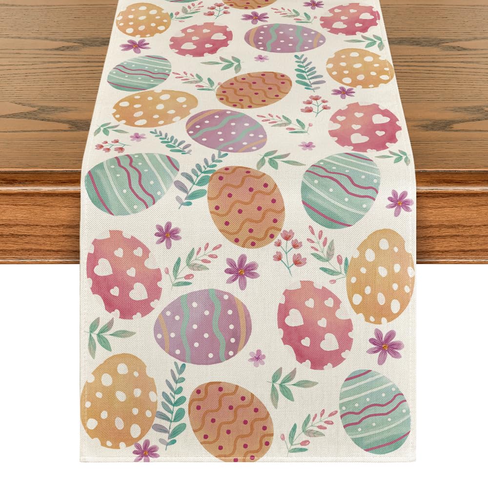Watercolour Easter Eggs Table Runner, Seasonal Spring Kitchen Dining Table Decoration for Home Party Decor 13x72 Inch