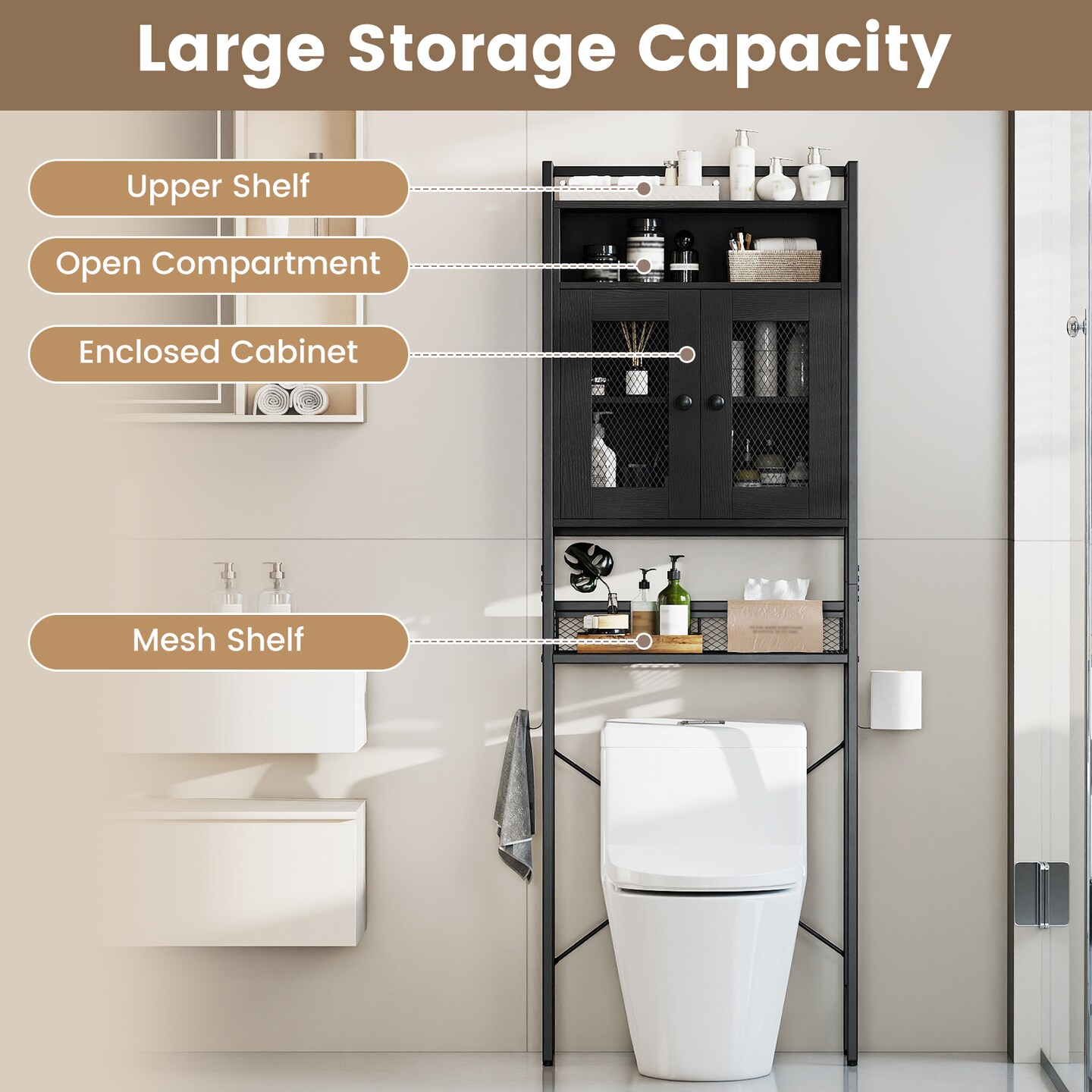 Black Over the Toilet Storage Cabinet with Adjustable Shelf and Metal Frame