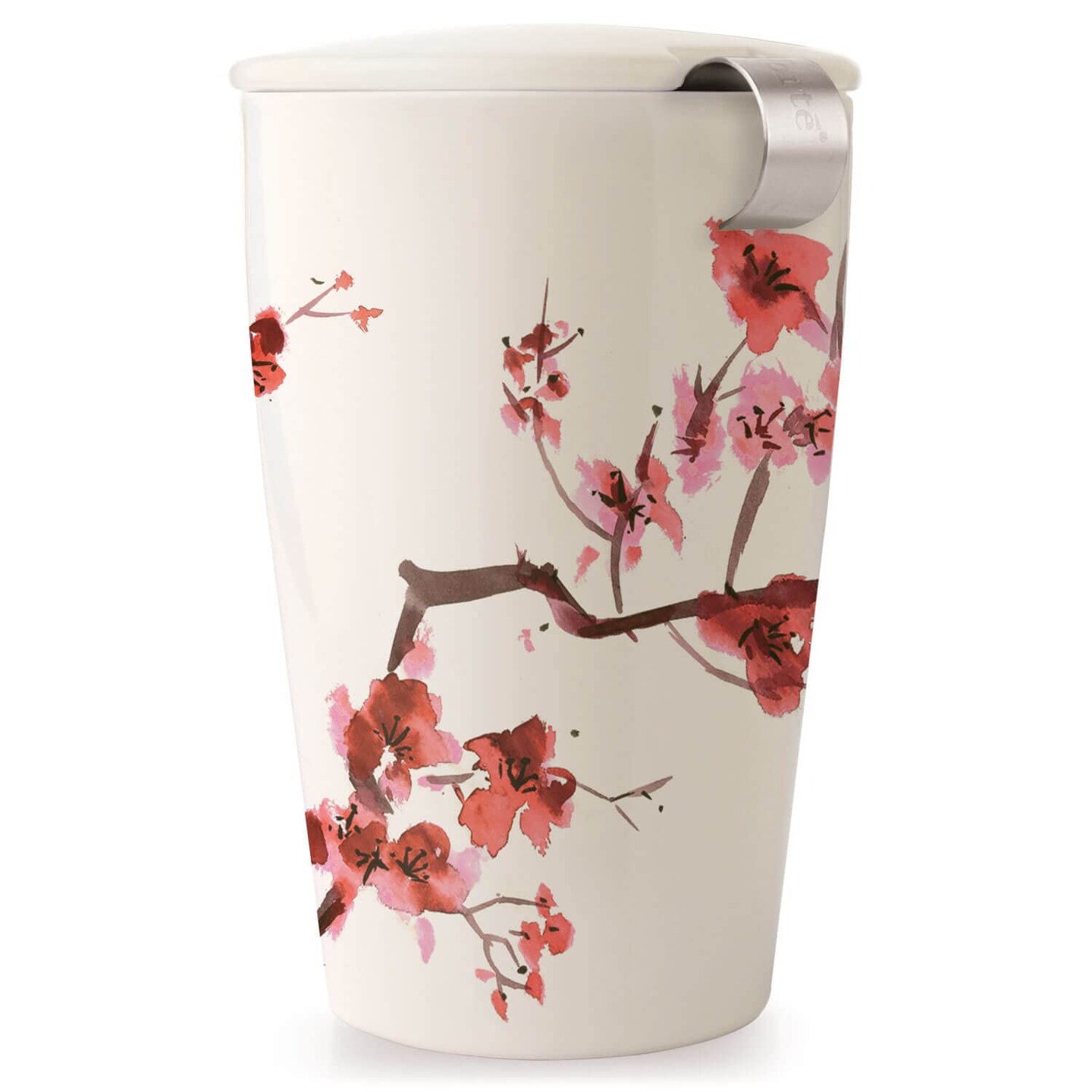 Tea Forte Double-Walled Ceramic Kati Cup, Removable Stainless Steel Infuser Basket and Lid, Steeps 12 oz Loose Leaf Tea, Dishwasher & Microwave Safe, Cherry Blossom