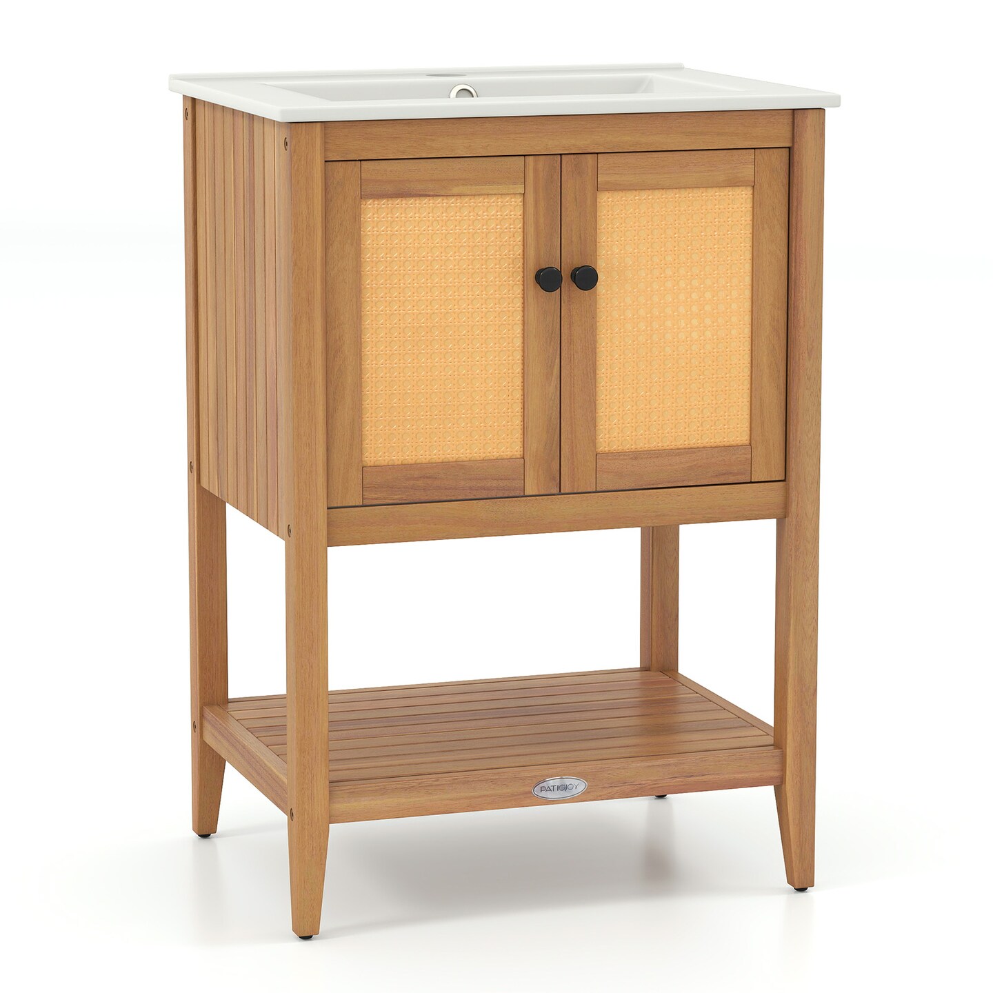 White Natural Bathroom Vanity Sink Cabinet with Rattan Doors and Shelf