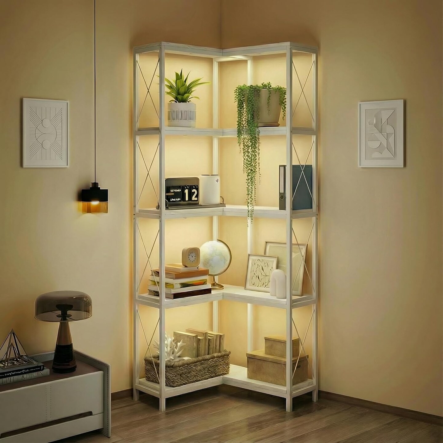 ELECWISH Corner Bookshelf, 5 Tier Industrial Style Design Corner Shelf with Metal Frame and Open Shelves for Living Room, Bedroom, Study, Black