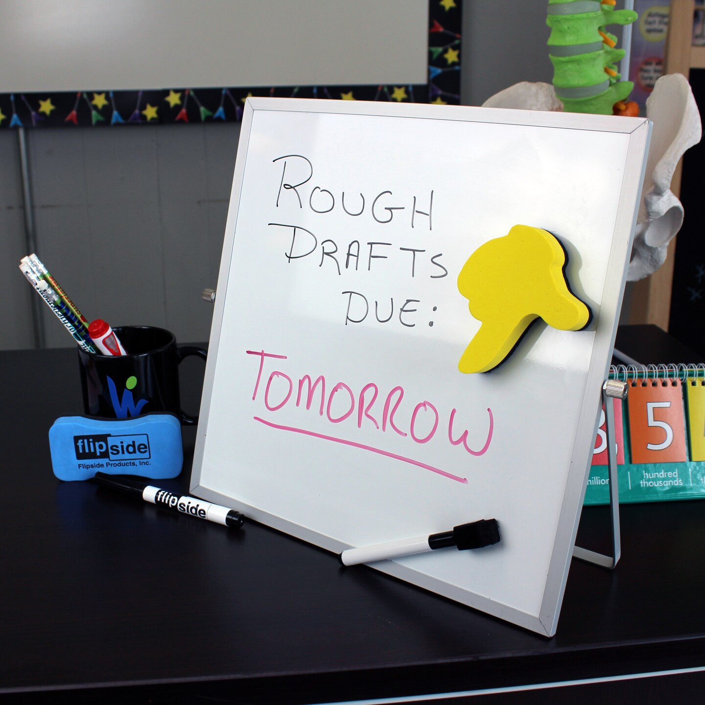 Flipside Products 12" x 12" Double-Sided Dry Erase Magnetic Flip Easel w/ Black Dry Erase Marker w/ Erase Cap, Adjustable Stand, Tabletop Easel, Small Portable Whiteboard