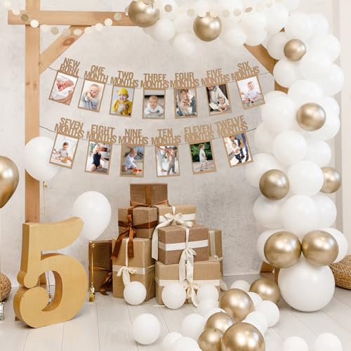 1st Birthday Baby Photo Banner for Newborn to 12 Months, First Birthday Decorations for Boys or Girls, First Birthday Photo Banner Pre-Strung with Frame,Monthly Milestones Birthday Party Kit