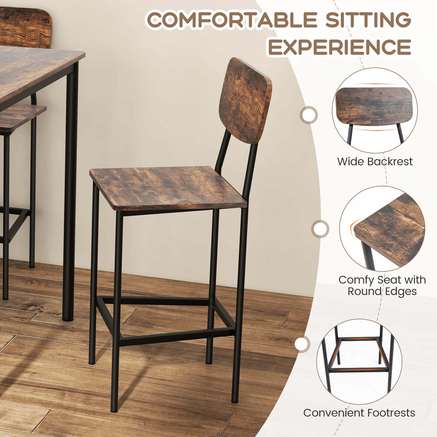 Costway 5-Piece Industrial Dining Table Set with Counter Height Table &#x26; 4 Bar Stools Black/Grey/Walnut
