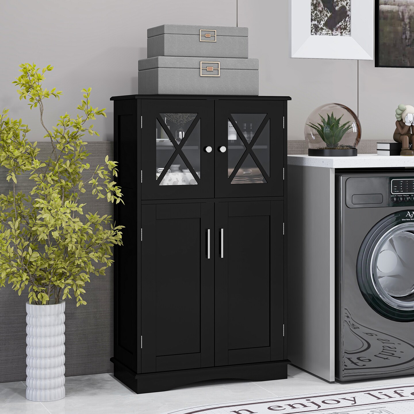 Costway Bathroom Storage Cabinet Linen Storage Cabinet with Doors and Adjustable Shelves Black/Grey/Brown/White