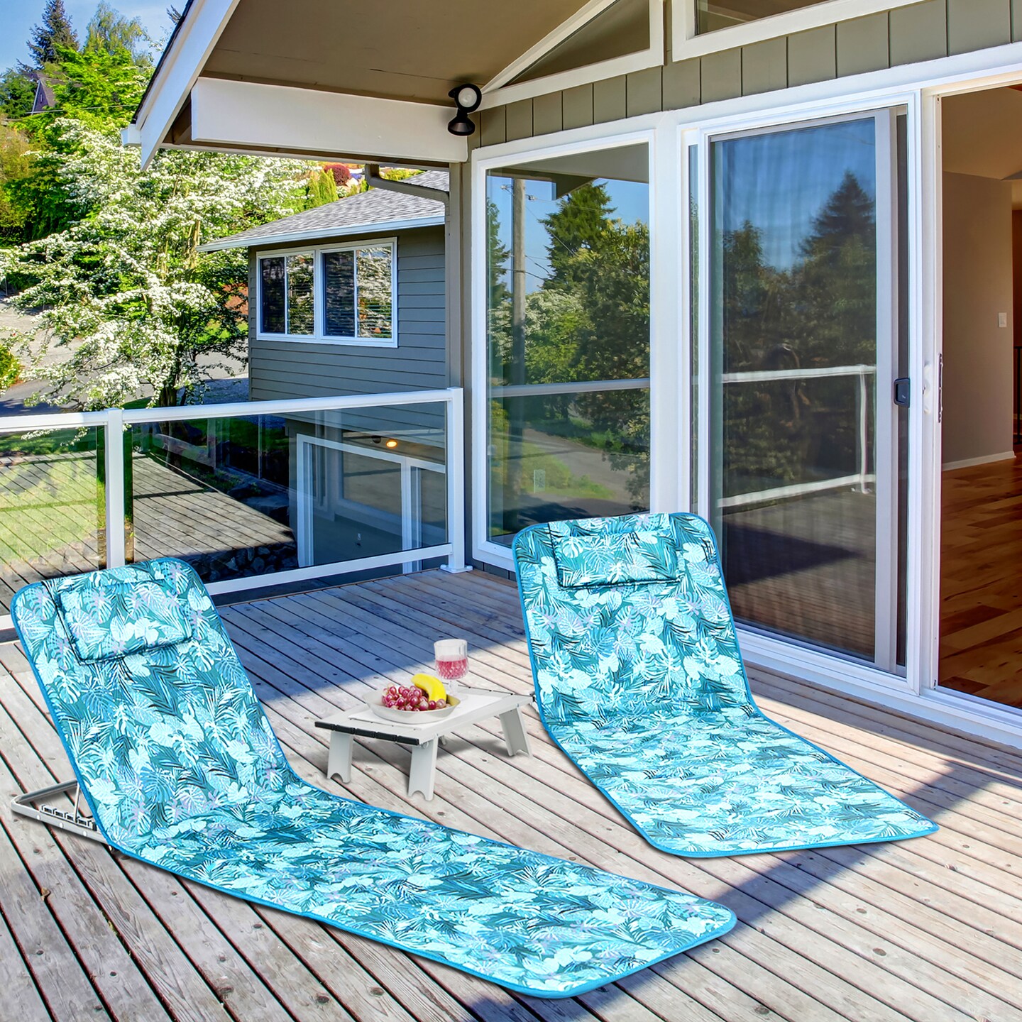 Costway 3-Piece Beach Lounge Chair Mat Set 2 Adjustable Lounge Chairs with Table Blue\Stripe