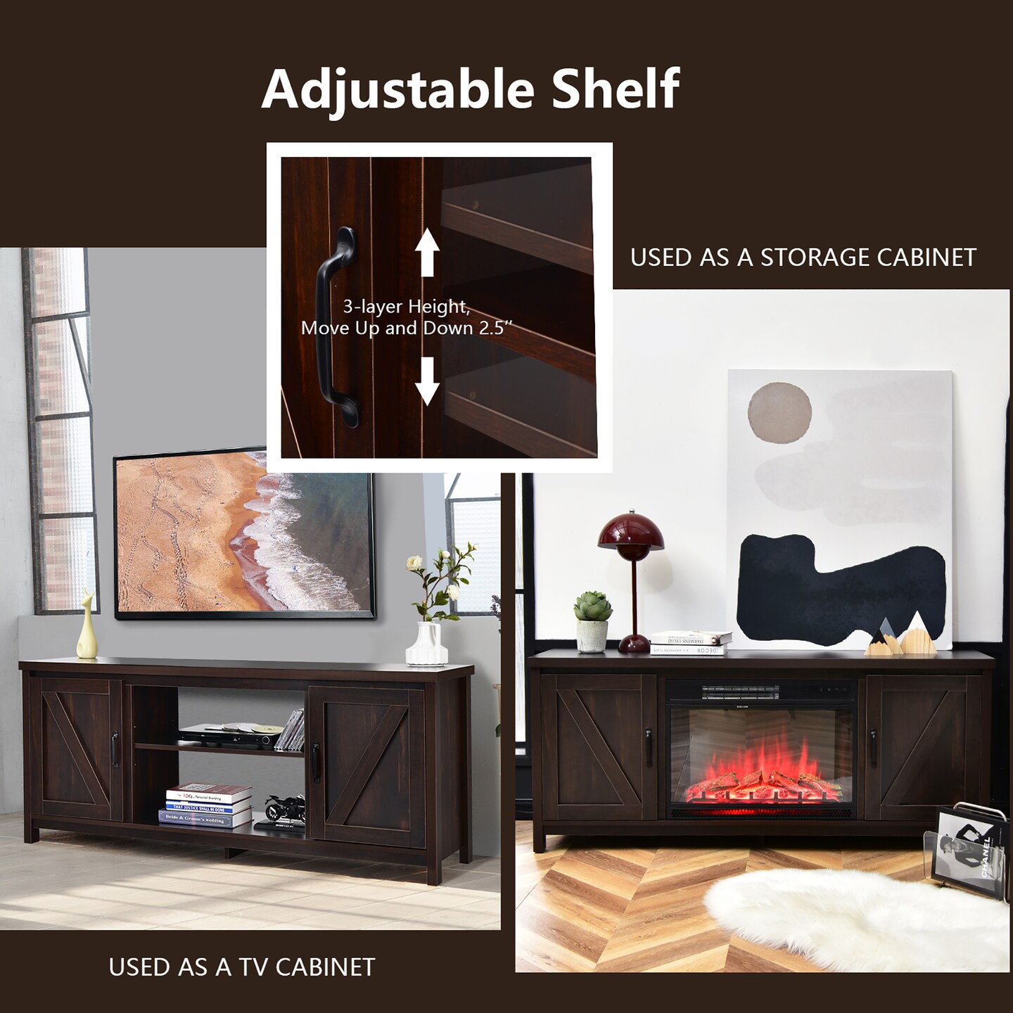 Costway 59'' TV Stand Media Console Center w/ Storage Cabinet for 65'' TV Natural\Black\Coffee