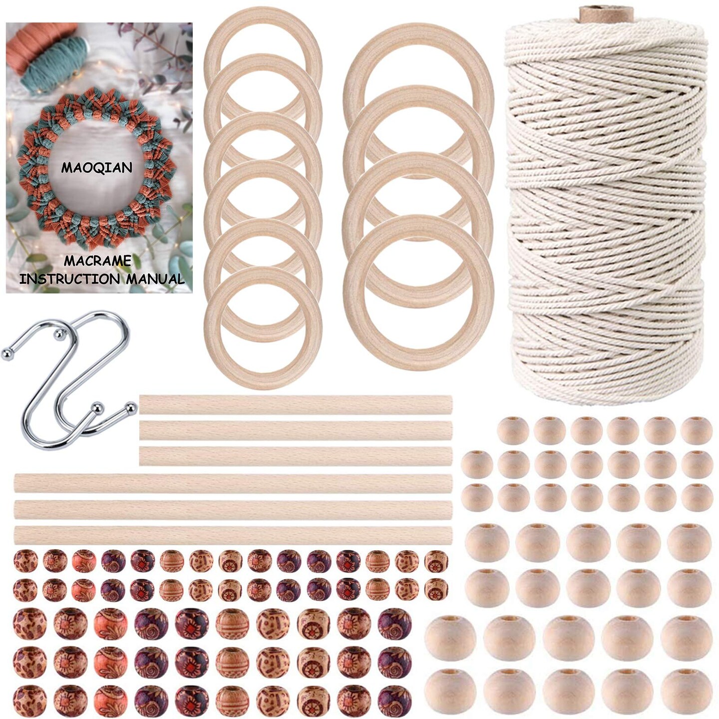 120 Pieces Macrame Kits for Beginners 3mm x 109yards Natural Cotton Macrame Cord with Wooden Beads &#x26; Rings,Wooden Sticks,Metal Rings Macrame Supplies Best for Macrame Plant Hanger