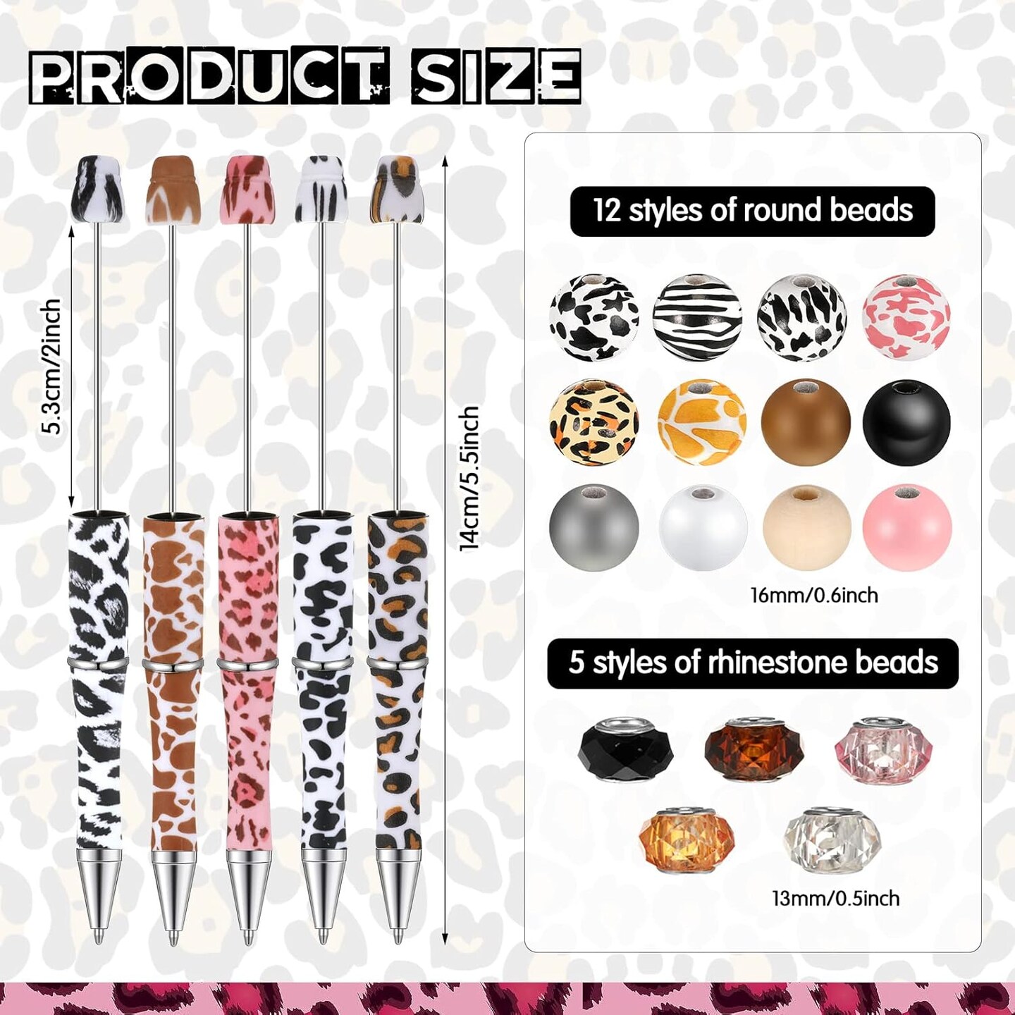 12 Set Beadable Pens DIY Kit - Assorted Beads, Black Ink, Animal Print Design