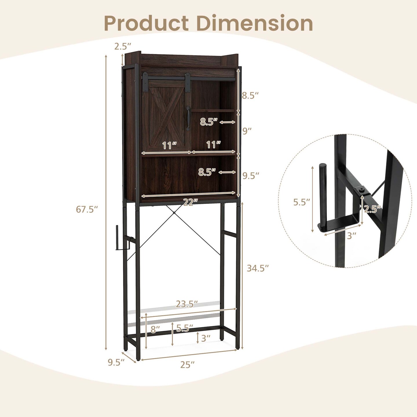 Costway Over-The-Toilet Storage Cabinet Bathroom Organizer w/ Sliding Barn Door Rustic Brown/Espresso/Grey