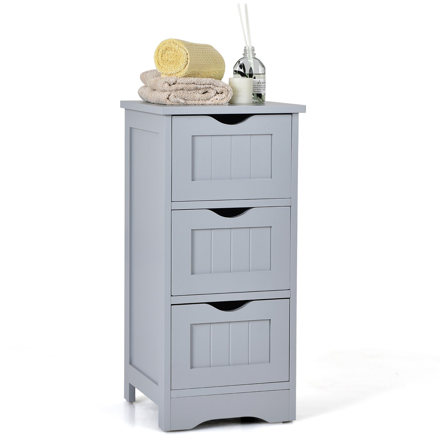 Costway Bathroom Floor Cabinet Freestanding Storage Organizer w/ 3 Drawers Grey