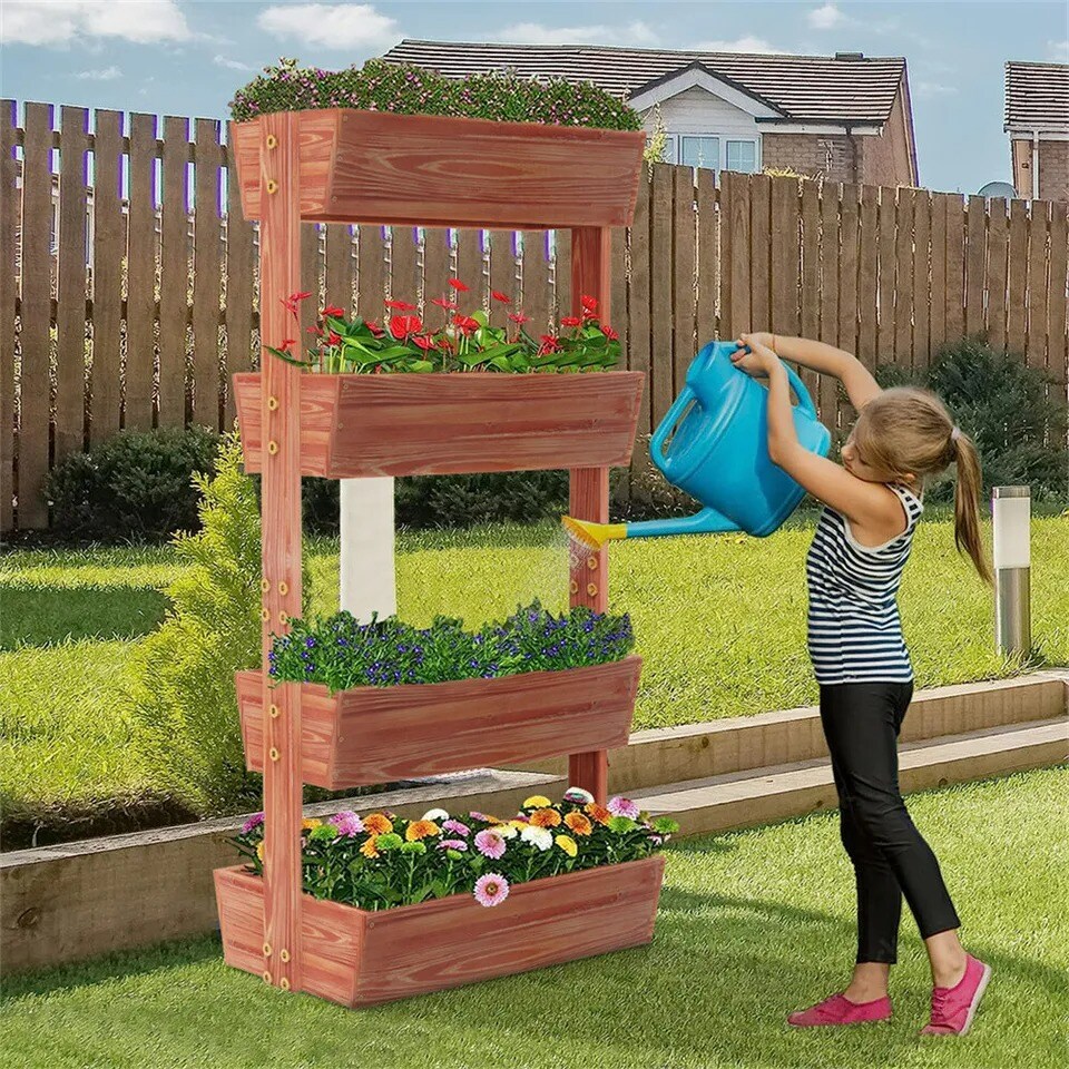 Wooden Vertical Raised Garden Bed 4 Tier Elevated Planter Box Slope Adjustable