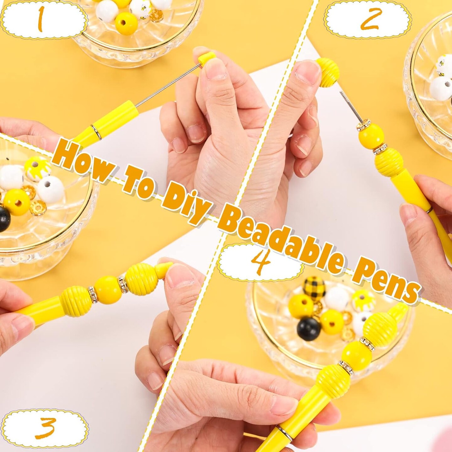 12 Set Beadable Pens DIY Kit - Assorted Beads, Black Ink, Bee Design