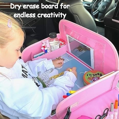 Kids&#x27; Travel Tray for Toddler Car Seat, Lap Tray for Girl Activities with Dry Erase Board and Cooler Cup Holder, Road Trip Essentials Accessories with No-Drop Large Tablet iPad Holder Stand, Pink