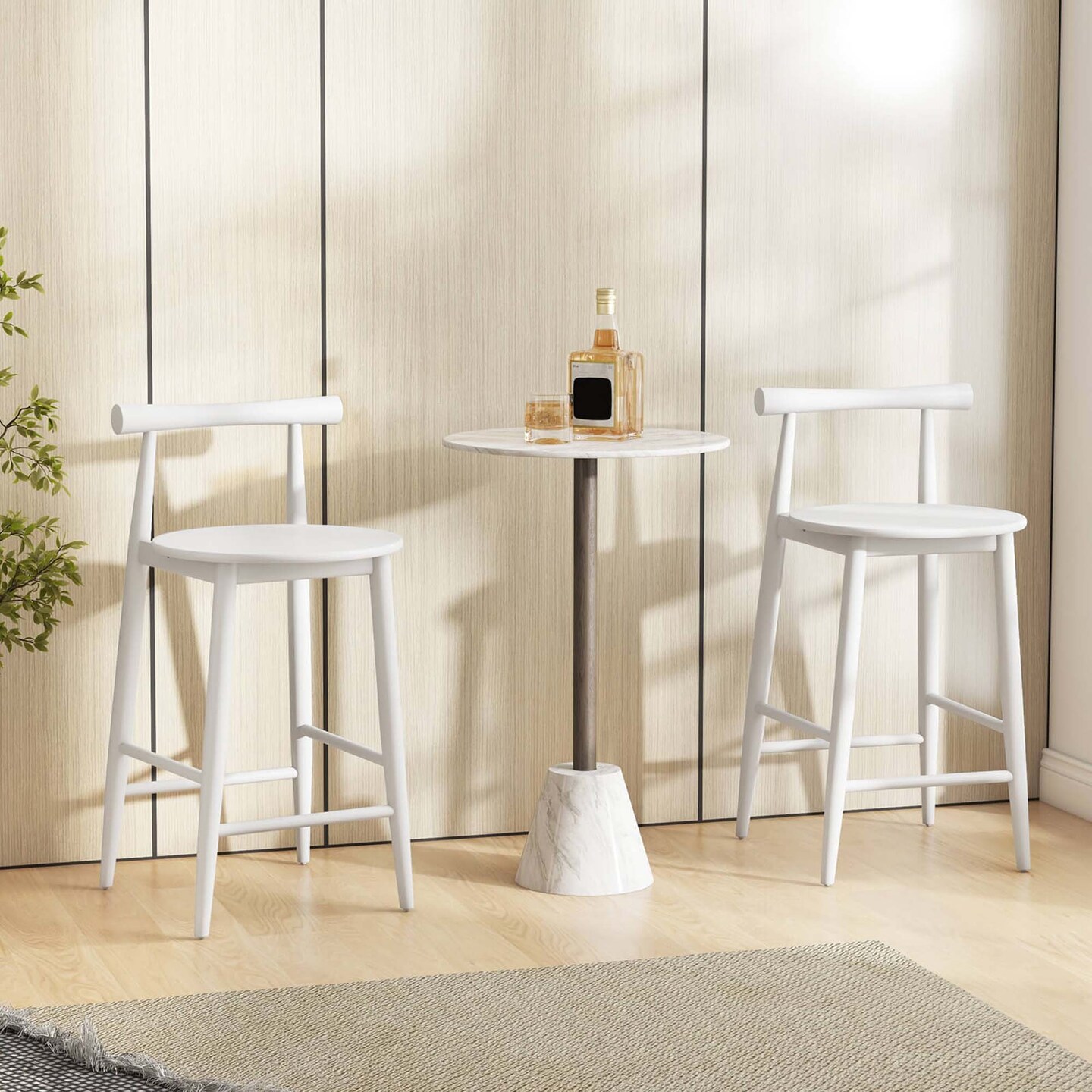 Costway Bar Chair Counter Height Stools Set of 2/4 with Acacia Wood Frame Supporting Legs White