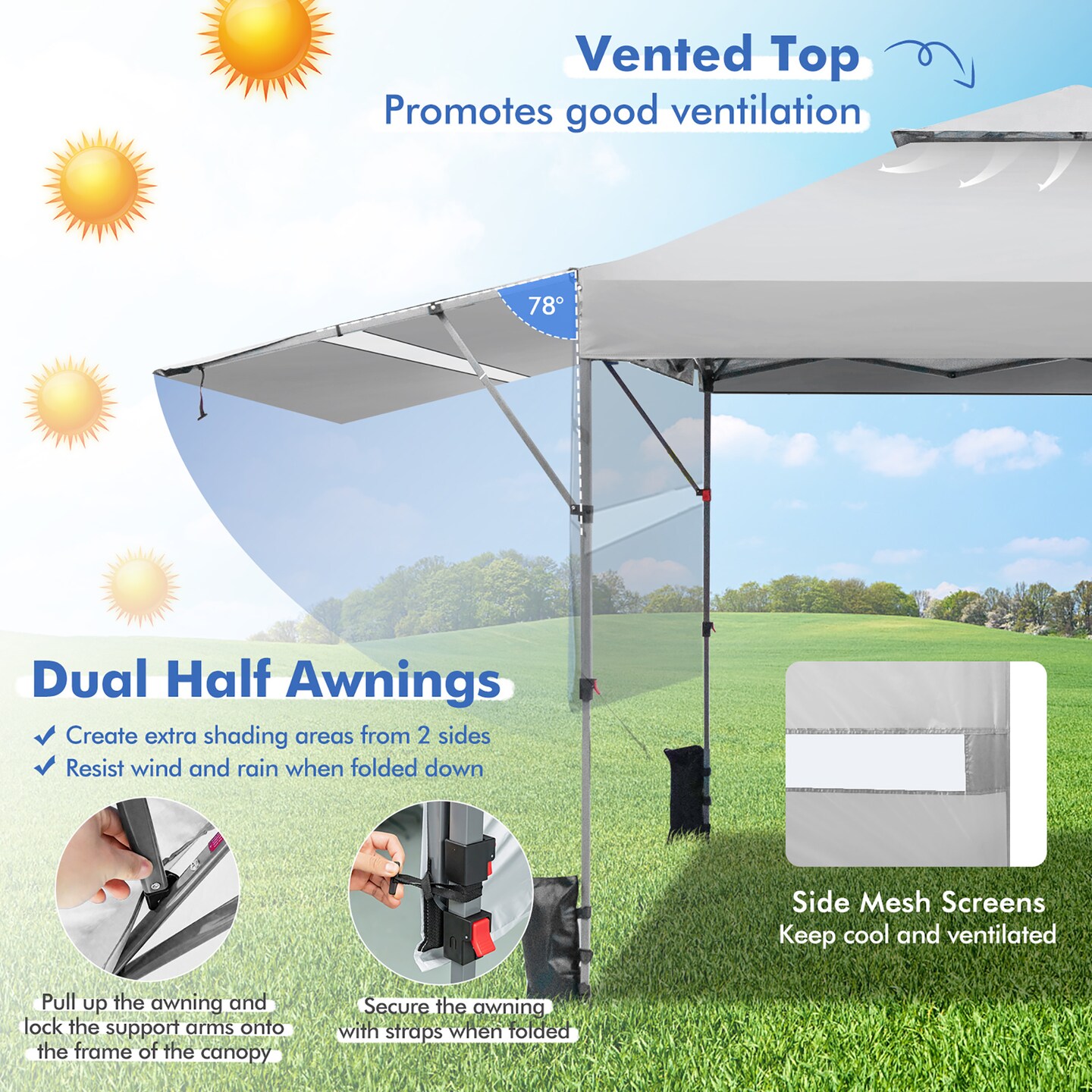 Costway 10&#x27;x17.6&#x27;Outdoor Instant Pop-up Canopy Tent Dual Half Awnings Adjust Patio