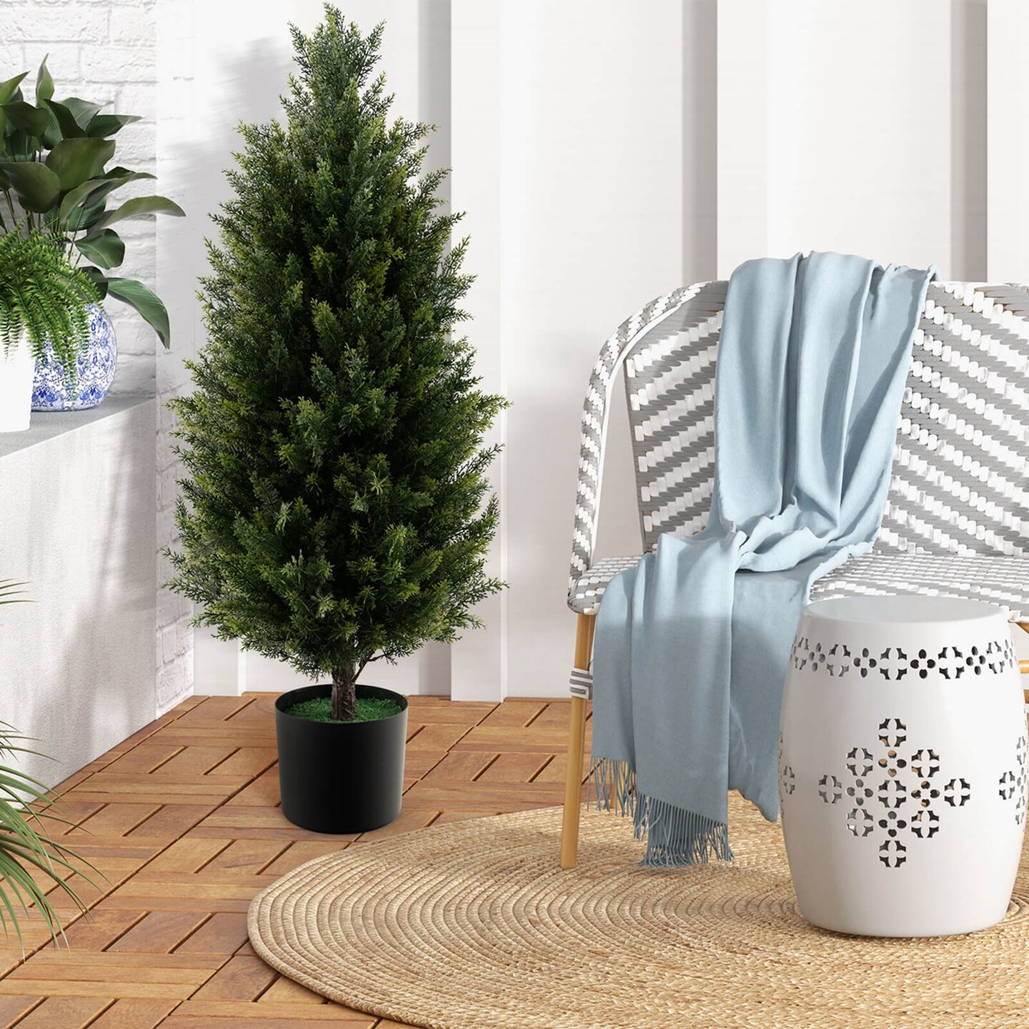 Costway 1/2 Pack 37.5&#x22; Artificial Topiary Cedar Tree with Cement Plastic Pot &#x26; Realistic Moss