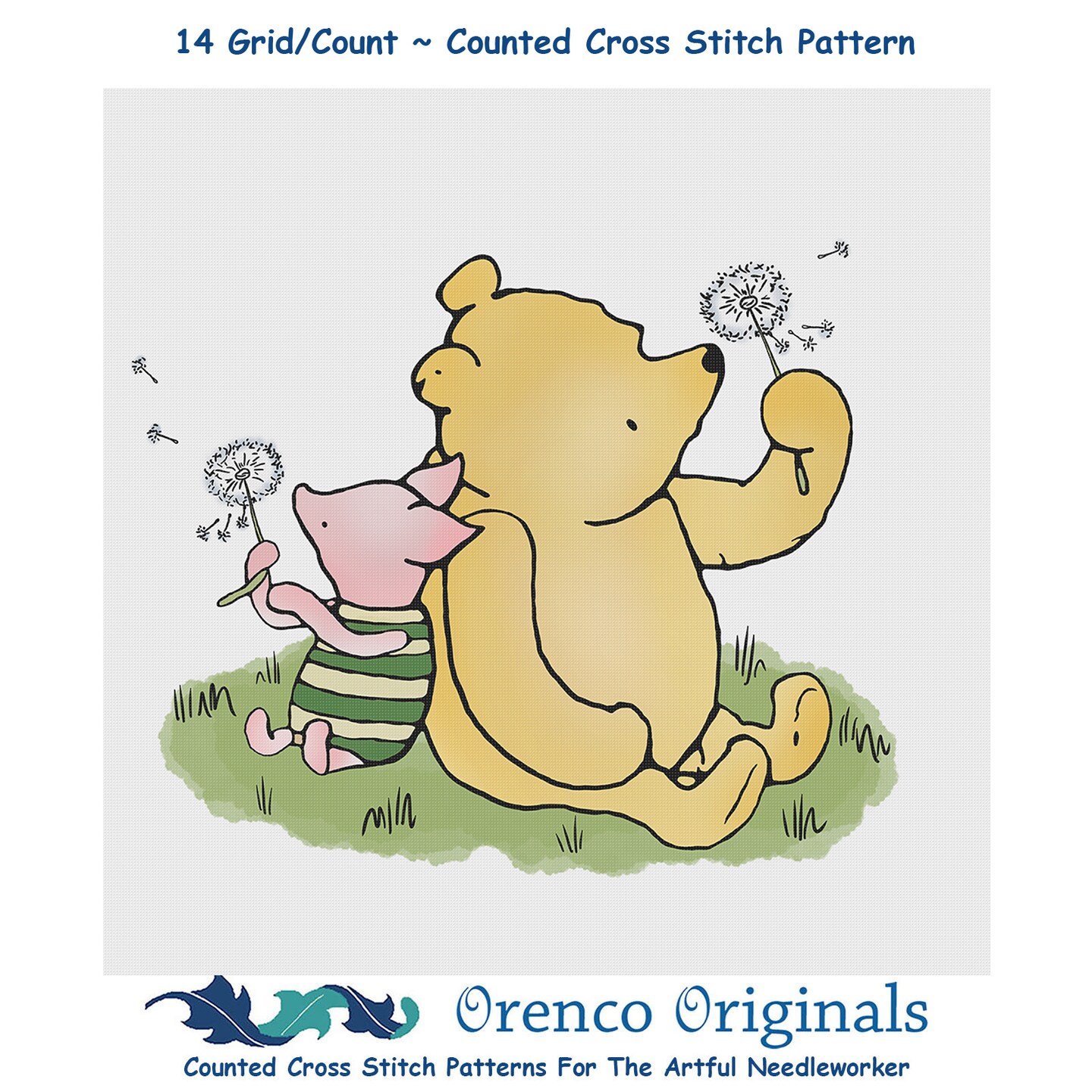 Winnie The Pooh and Piglet Dandelion Flowers Counted Cross Stitch Pattern