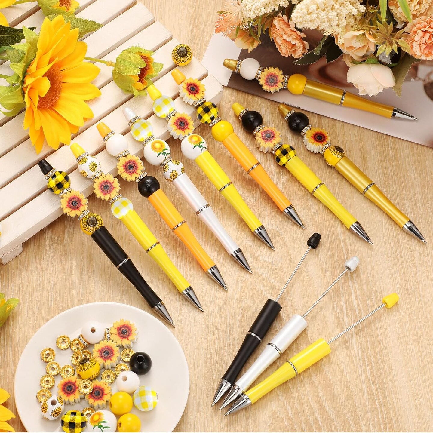 12 Set Beadable Pens DIY Kit - Assorted Beads, Black Ink, Sunflower Design