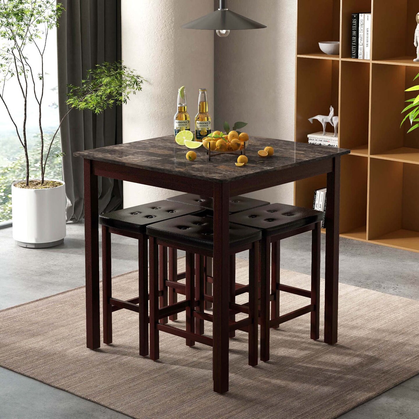 Costway 5 PCS Bar Table Set Square Dining Table & 4 PVC Leather Upholstered Bar Stools Brown/White