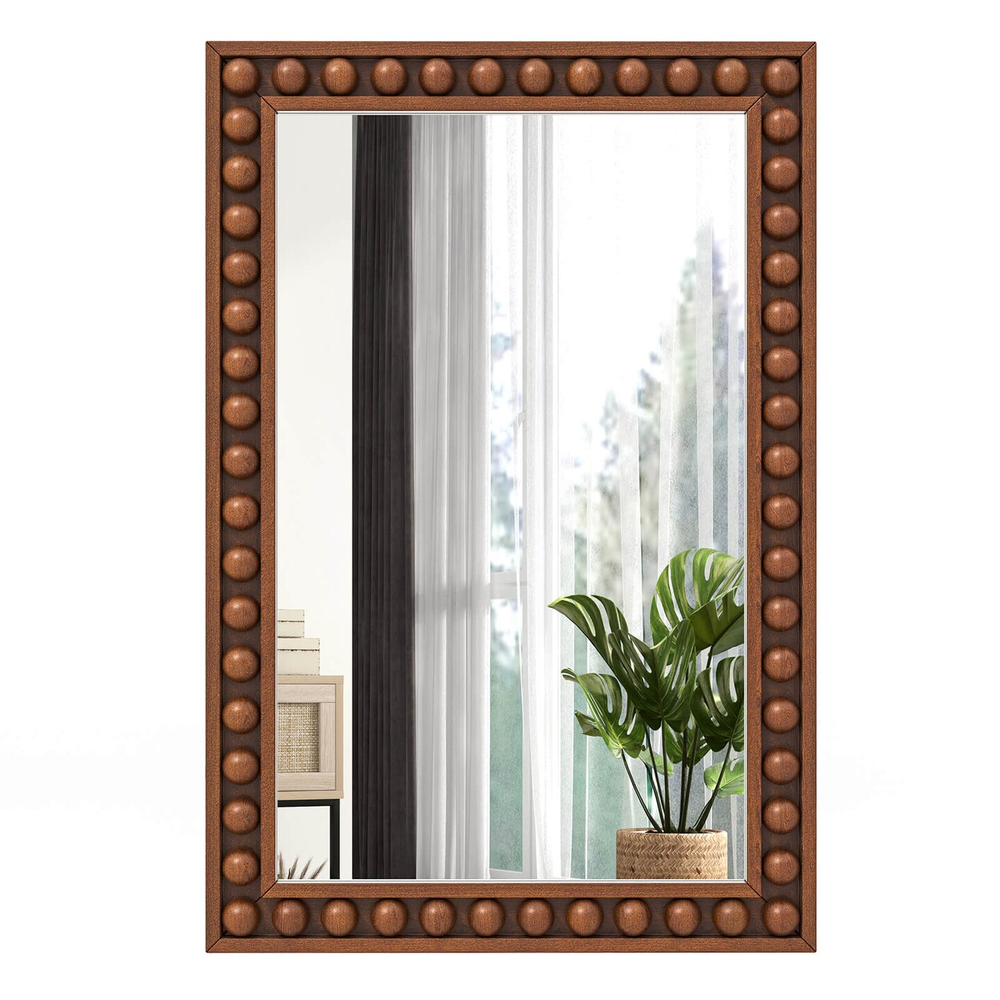 Costway 24" x 36" Rustic Decorative Wall Mirror with Solid Wood Frame Beads for Living Room Brown/White