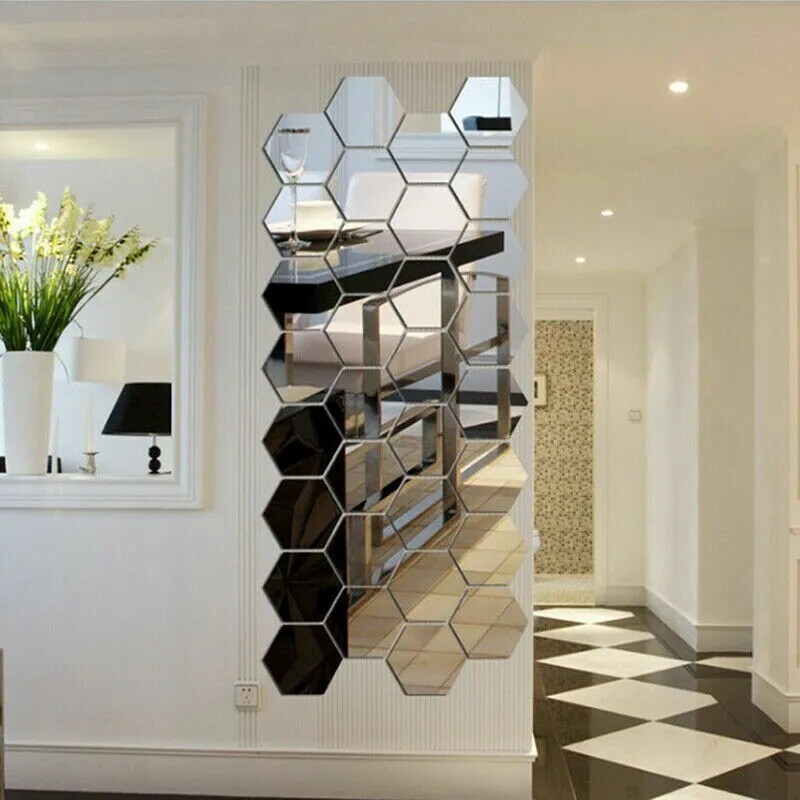 3D Honeycomb Hexagon Mirror Wall Sticker Acrylic Art Room Decal Decor 12PCS