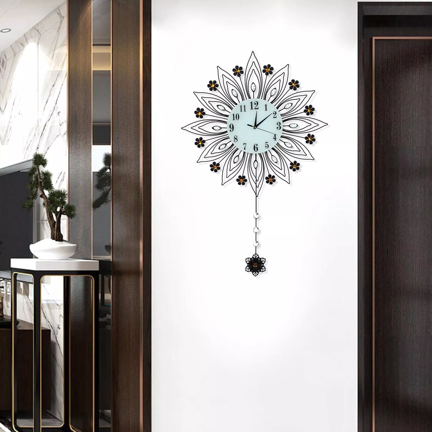 90x64cm Pendulum Clock Flower Shaped Wall Mount Modern Home Decor Art Clock