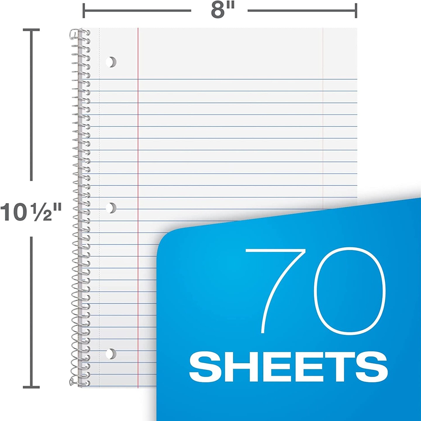 Spiral Notebook 6 Pack, 1 Subject, Wide Ruled Paper, 8 X 10-1/2 Inch, Blue, Yellow, Red, Light Blue, Green and Black, 70 Sheets (65010)